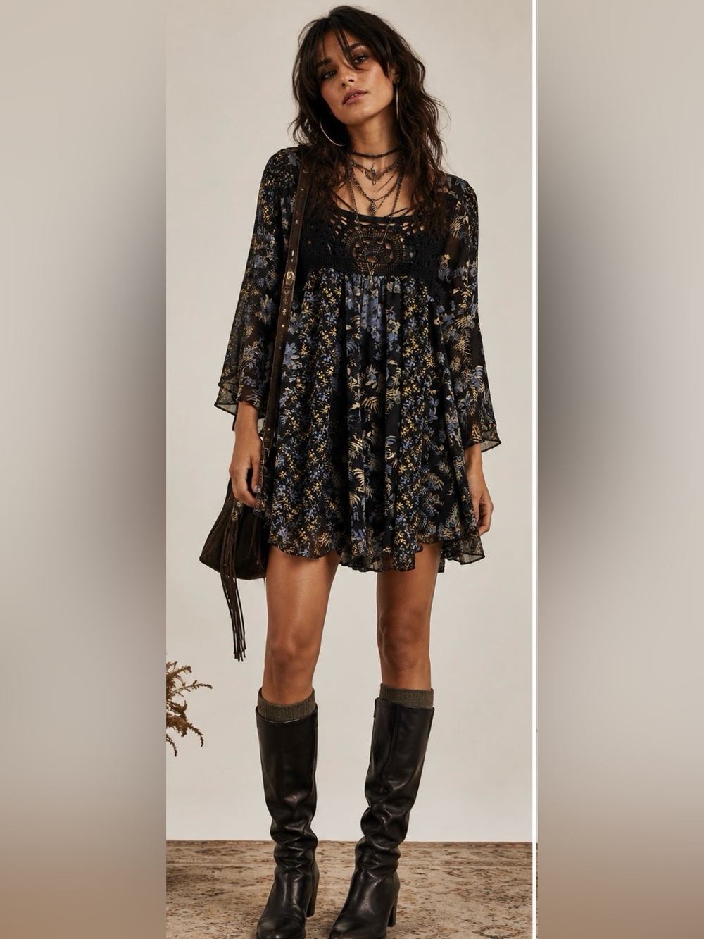 Free People Black Blue Chiffon Floral Crochet Yoke Boho Tunic Dress XS